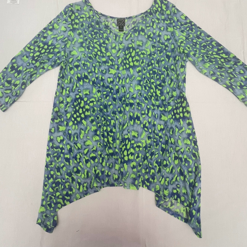 Clara Sunwoo XL Neon Green Blue Animal Print Sheer Knit Top Asymmetrical Hem